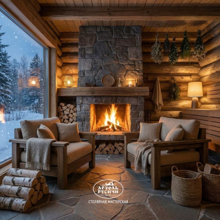 Кресла из массива дуба в интерьере комнаты отдыха в бане