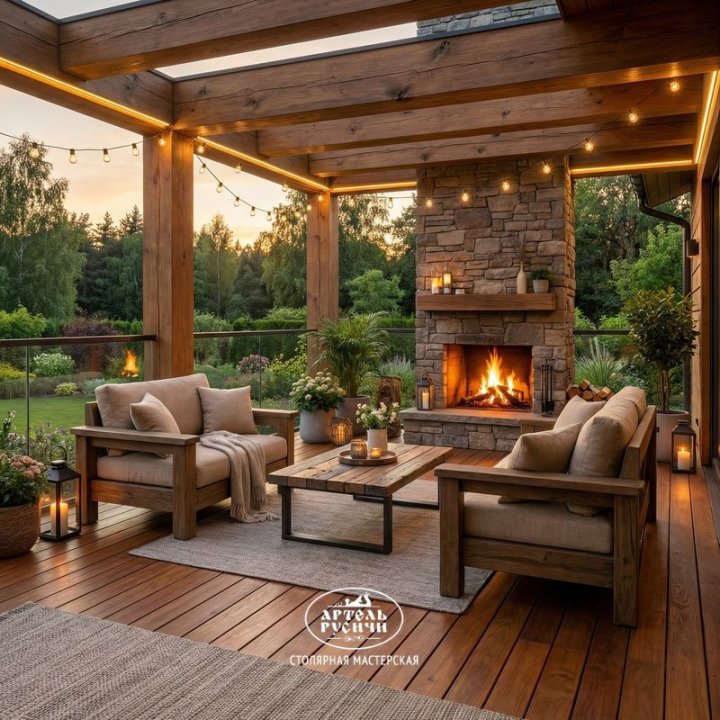 Кресла из массива дуба на террасе загородного дома