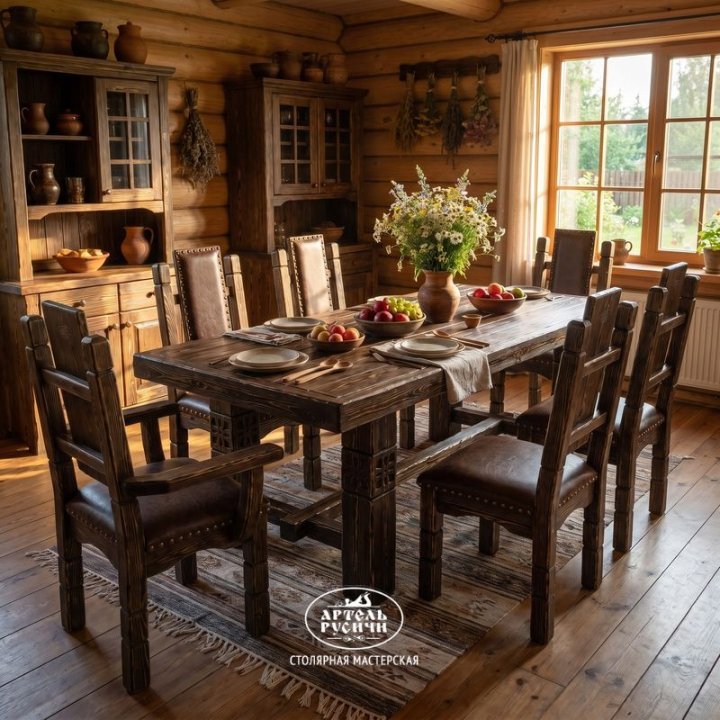 Кресла из массива дерева с мягкой обивкой и деревянный стол в интерьере кухни