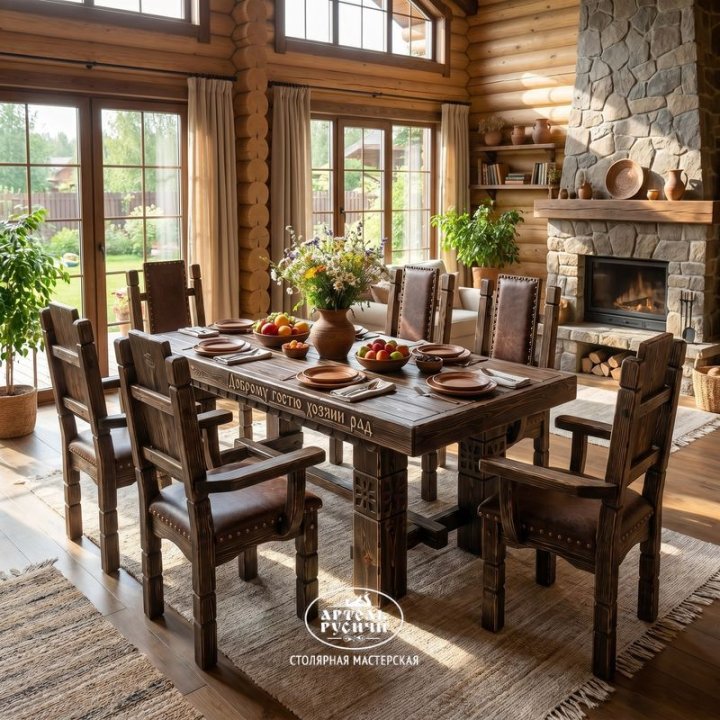 Обеденная группа из массива дерева в интерьере гостиной