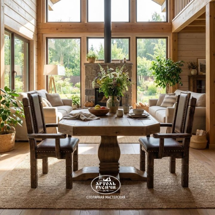 Кресло из массива дерева с мягкой обивкой и деревянный стол в интерьере гостиной на даче