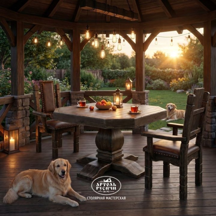 Два кресла из массива дерева с мягкой обивкой и деревянный столик в интерьере беседки загородного дома