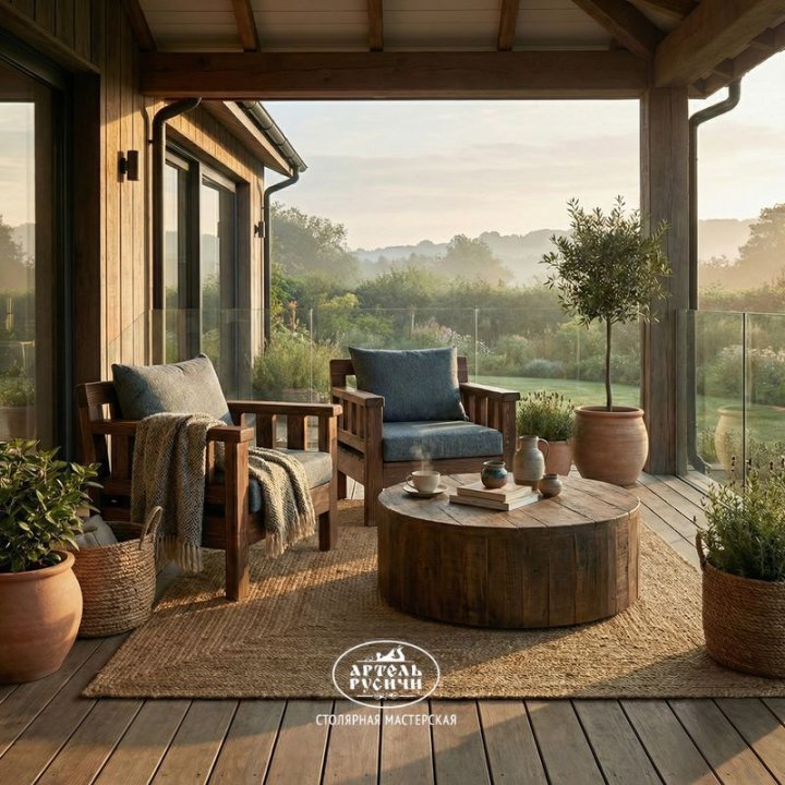 Кресла из массива сосны с мягкими подушками на террасе