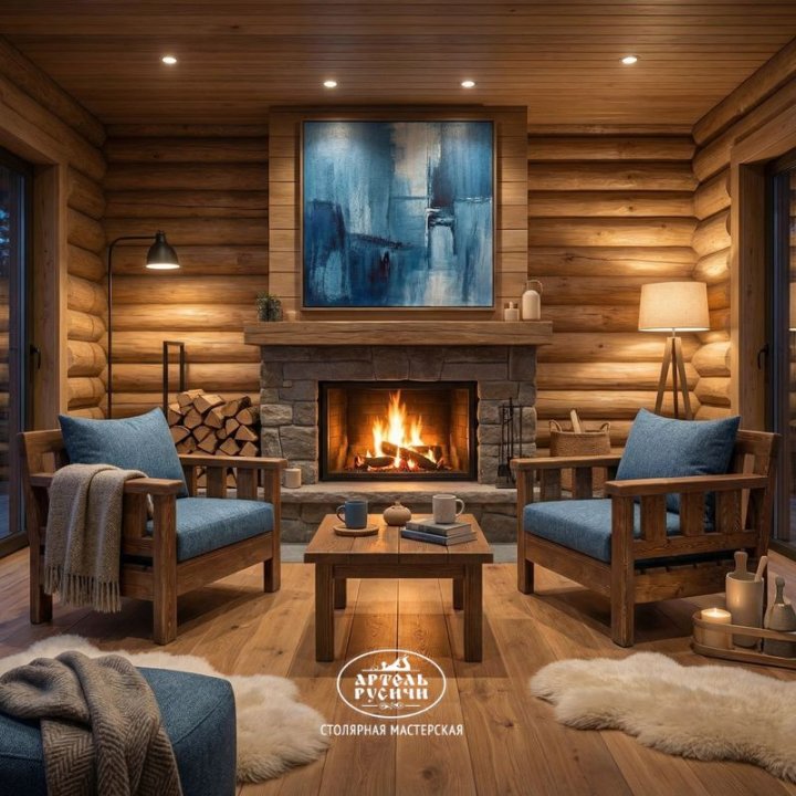 Деревянные кресла с мягкими подушками в комнате отдыха в бане