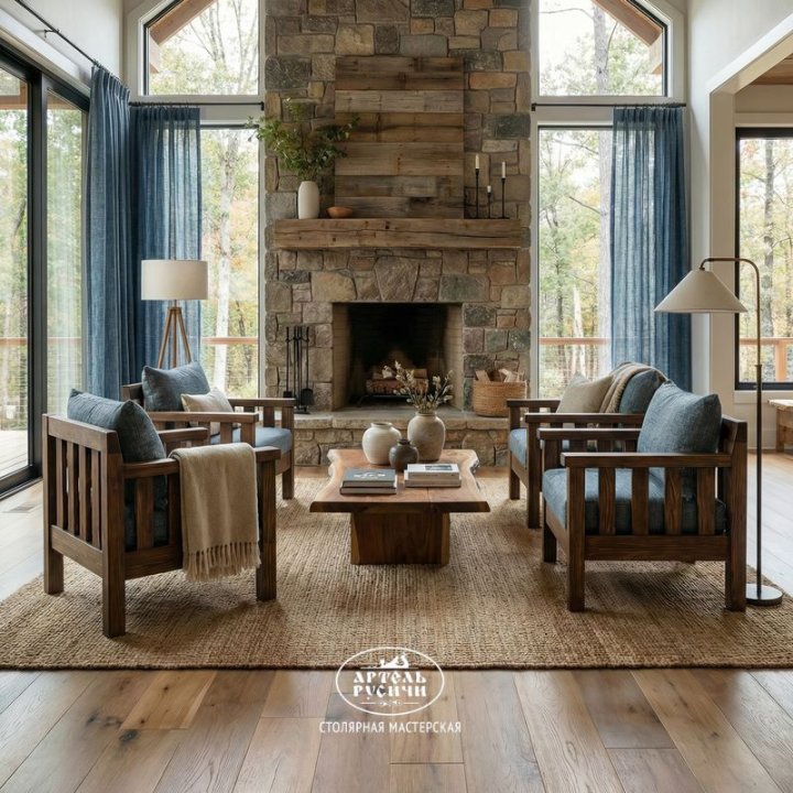 Кресла из массива дерева с мягкими подушками в интерьере гостиной