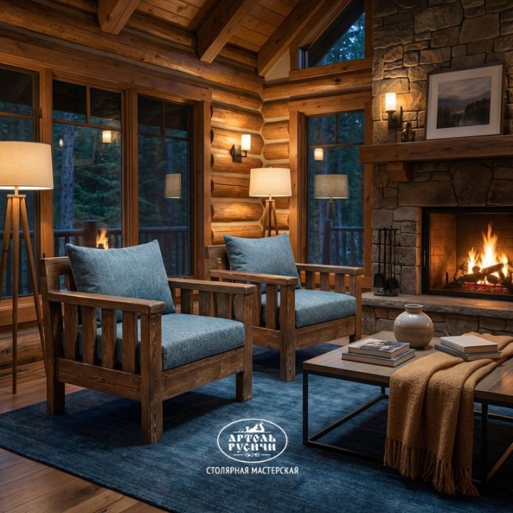 Уютные кресла из сосны с мягкими подушками в интерьере загородного дома