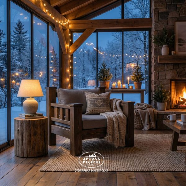 Кресло «Суздальское» в стиле лофт из массива северной сосны с подушками на застеленной террасе