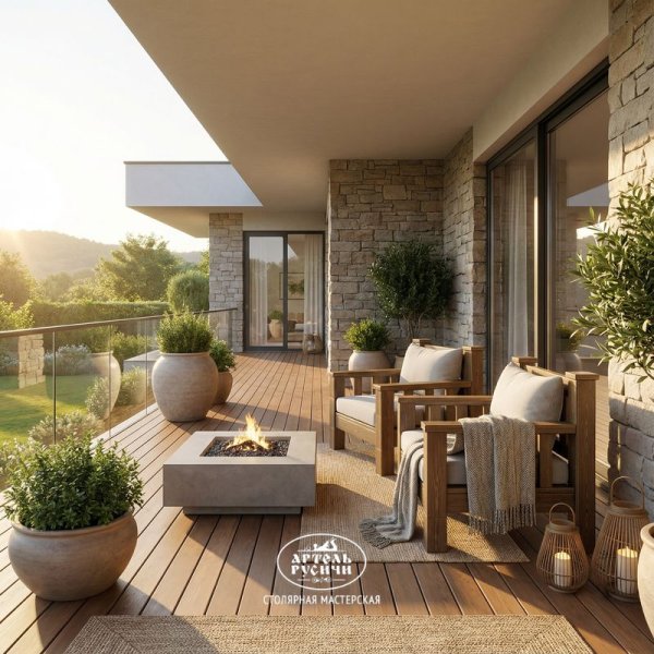 Кресло «Суздальское» в стиле лофт из массива северной сосны с подушками на террасе