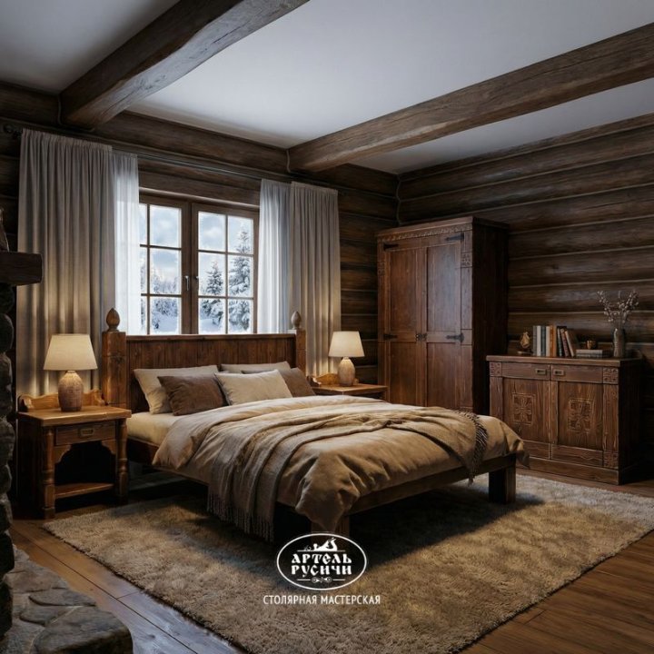 Кровать из массива сосны в интерьере спальни деревянного дома