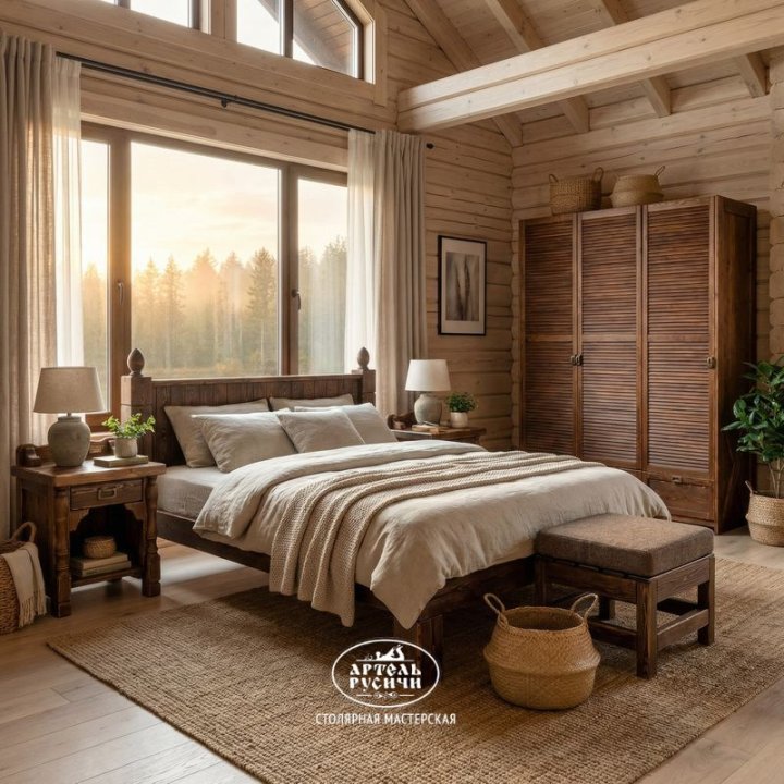 Деревянная кровать под старину в интерьере спальни