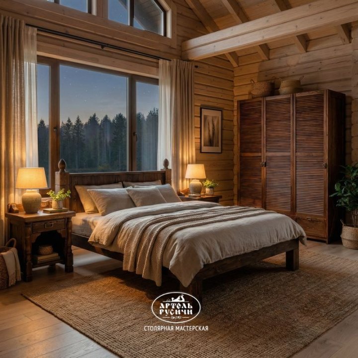 Уютная спальня с кроватью из массива дерева