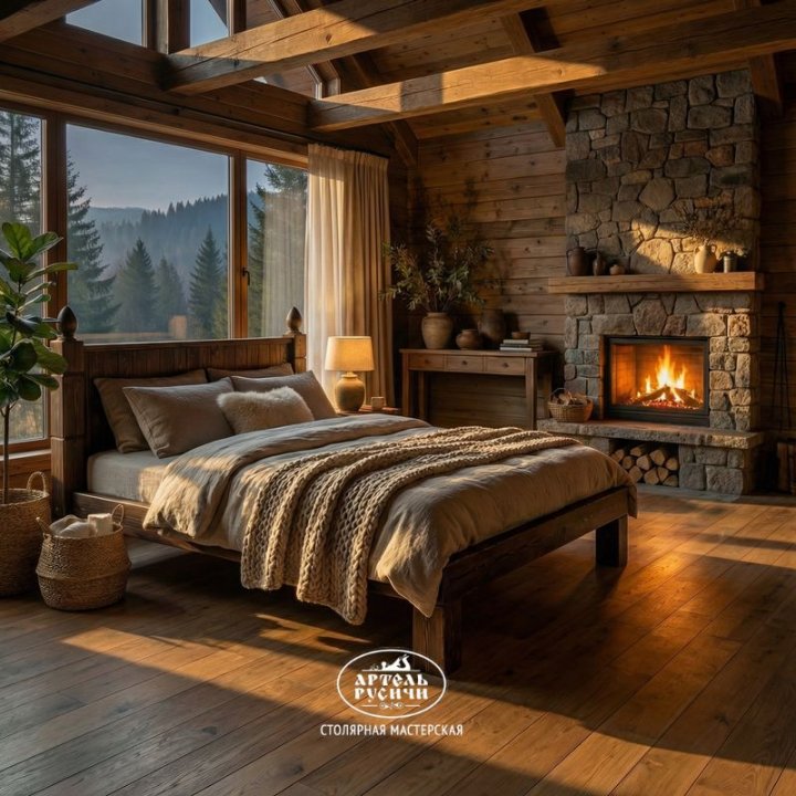 Двухспальная кровать из массива натурального дерева в интерьере спальни