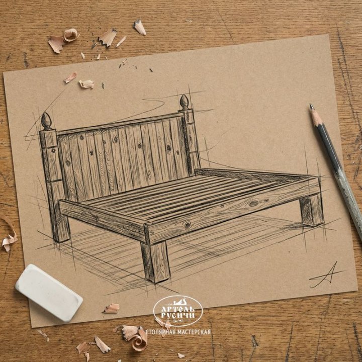 Эскиз кровати из дерева, рисунок простым карандашом