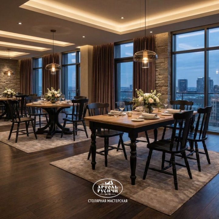 Круглый стол из массива дуба и сосны в интерьере ресторана