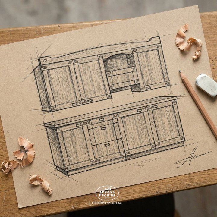 Эскиз кухни из массива дуба, рисунок простым карандашом