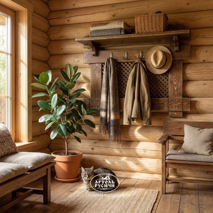 Вешалка панно из массива северной сосны в интерьере прихожей на даче