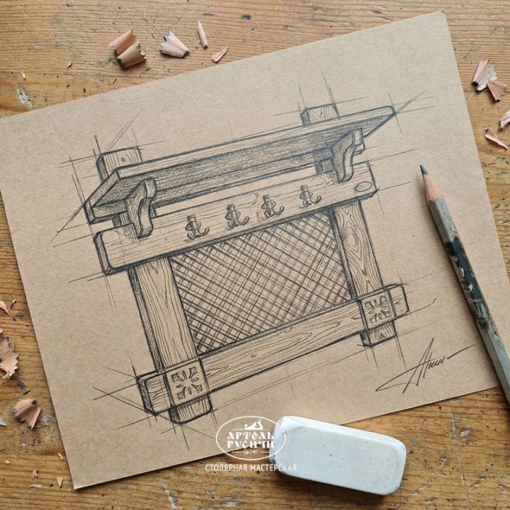 Эскиз вешалки-панно, рисунок простым карандашом