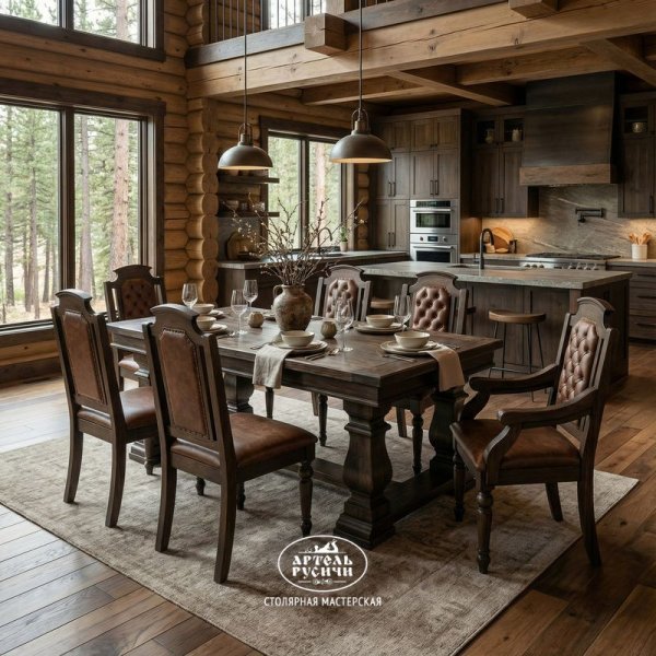 Обеденная группа Купеческая в интерьере кухни-столовой загородного дома