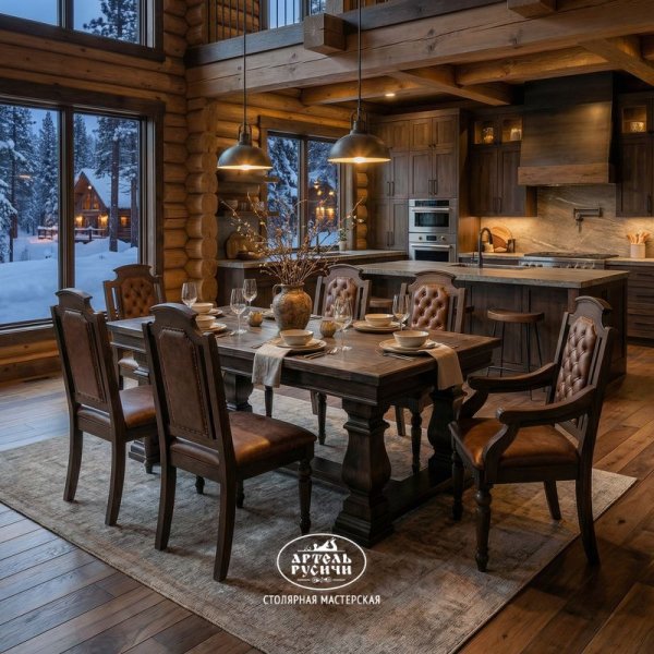 Обеденная группа из массива дерева в интерьере кухни-столовой загородного дома