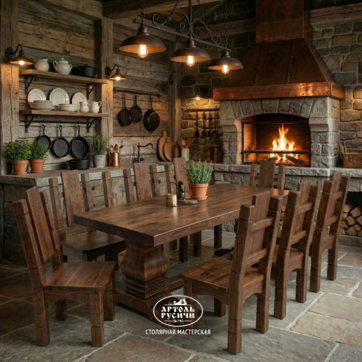 Обеденная группа из массива сосны для зоны барбекю, бани, кухни-столовой