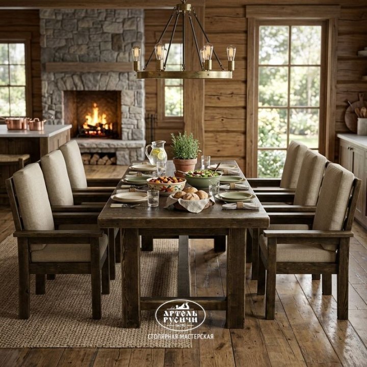 Комплект мебели из массива дерева в стиле кантри в интерьере кухни-столовой загородного дома