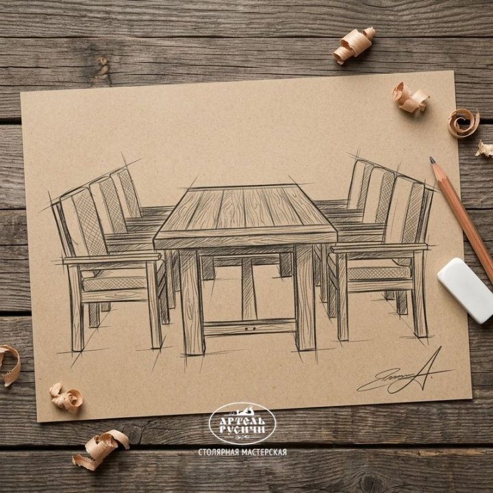 Эскиз обеденной группы в стиле кантри, рисунок простым карандашом