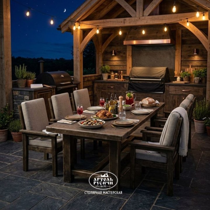 Мебель в стиле кантри в интерьере зоны-барбекю. Стол из массива и 6 стульев с мягкими подушками