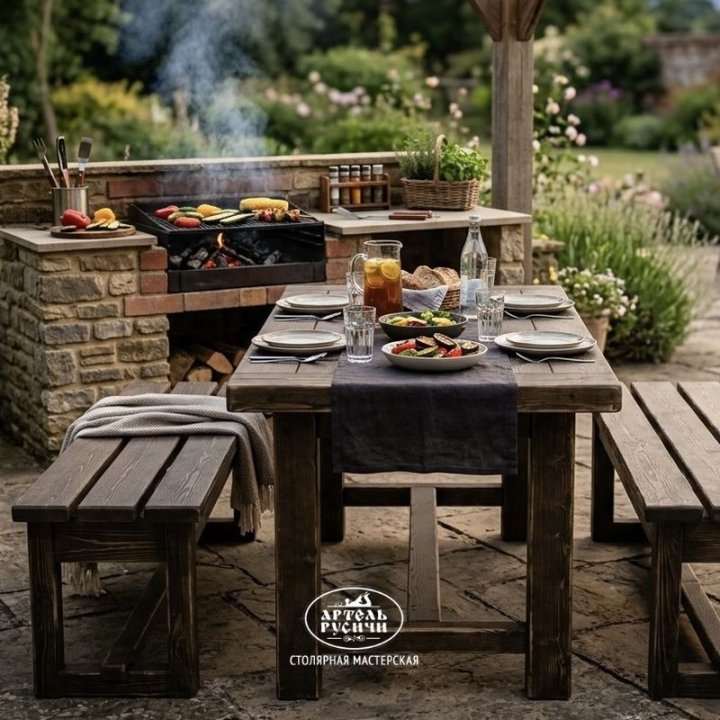 Уличная обеденная группа в стиле кантри стол и 2 лавки в зоне барбекю