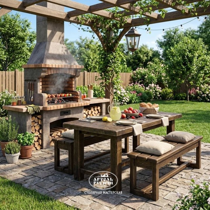 Комплект мебели в стиле кантри в мангальной зоне на даче