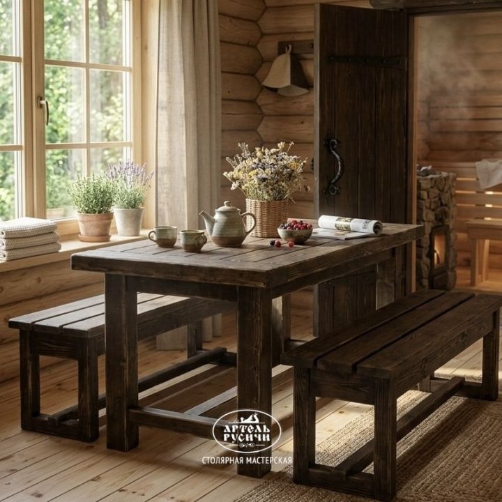 Обеденный стол и 2 лавочки из массива для комнаты отдыха в бане