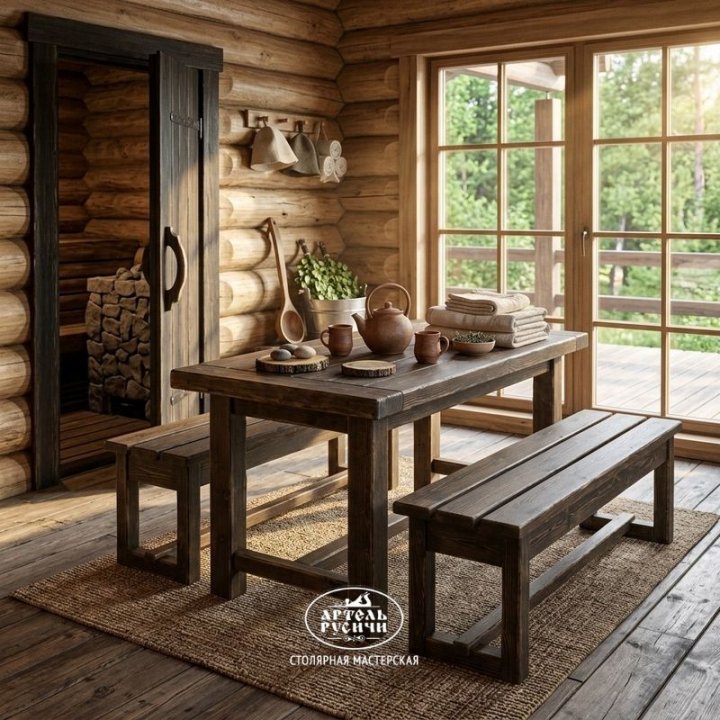 Обеденная группа из массива дерева для бани