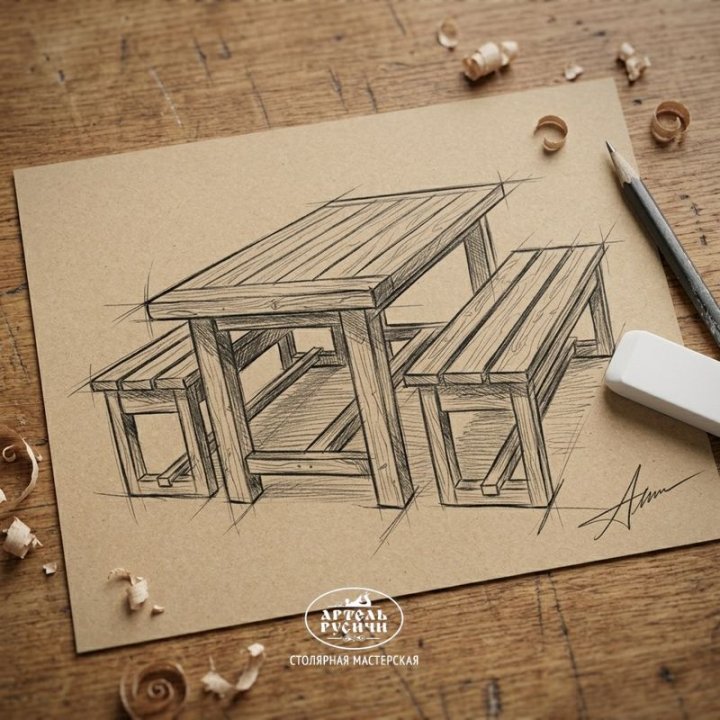 Мебель в стиле кантри, эскиз, рисунок простым карандашом
