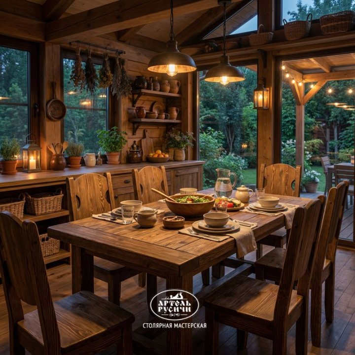 Обеденный стол в стиле кантри из массива в интерьере летней кухни