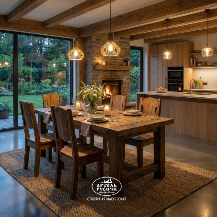 Деревянный стол в стиле кантри в интерьере кухни-столовой загородного дома