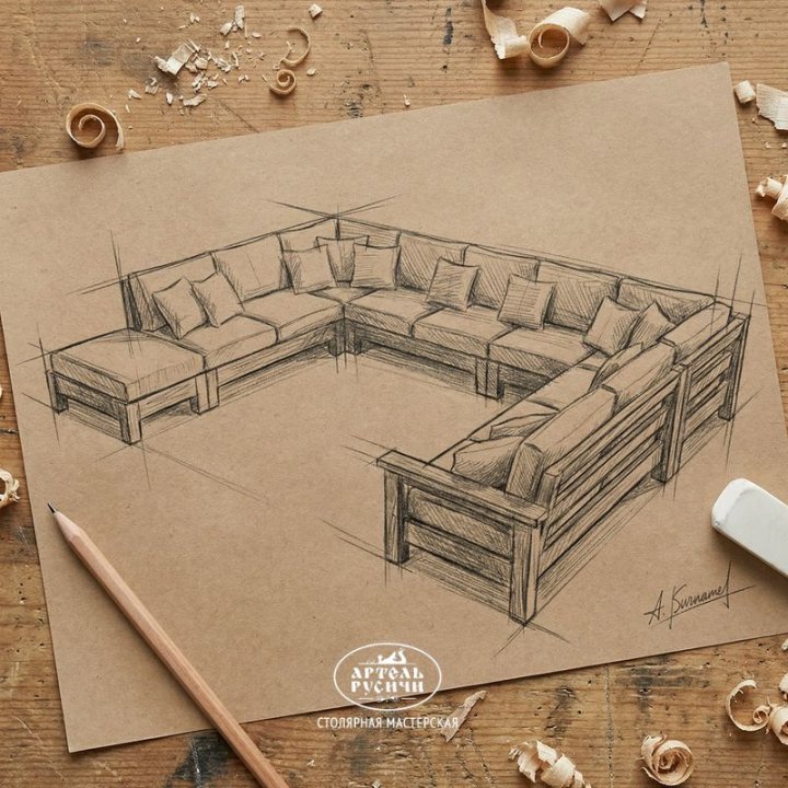 Эскиз П-образного дивана, рисунок простым карандашом