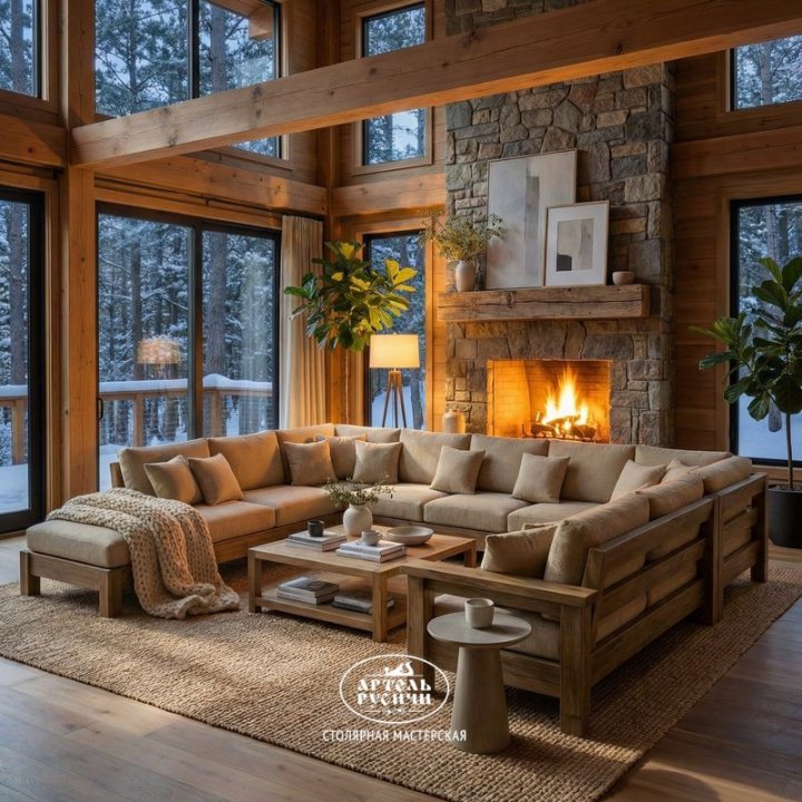 П-образный диван из массива дуба с мягкими подушками в интерьере гостиной