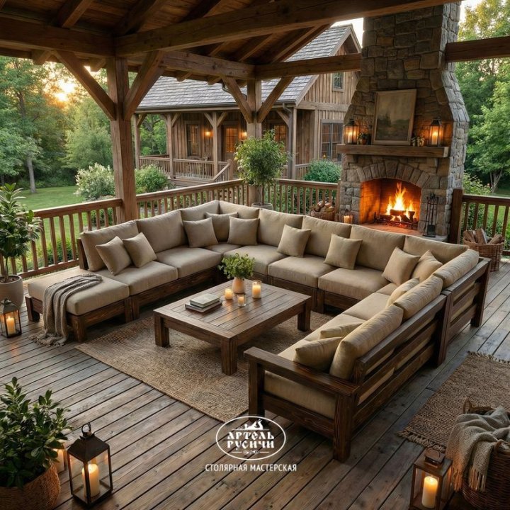П-образный диван из массива сосны с мягкими подушками на террасе