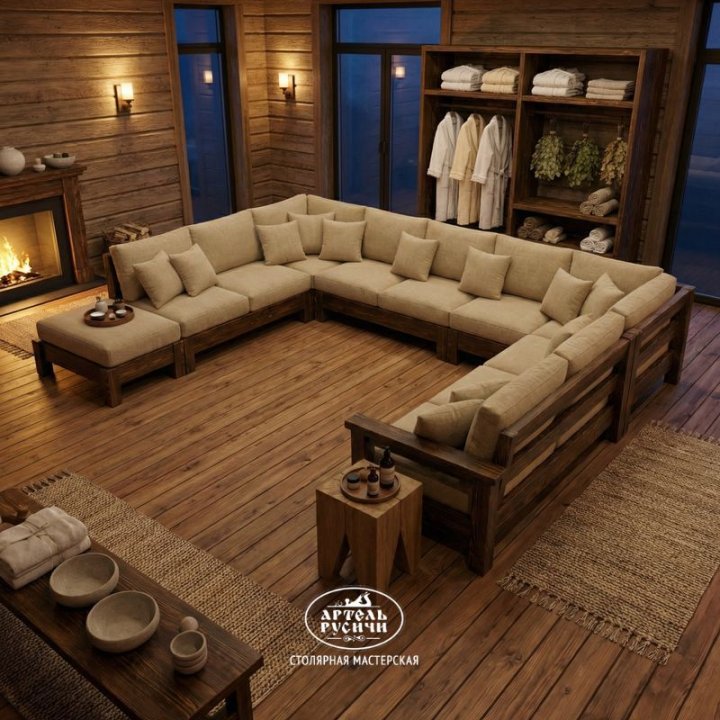 П-образный диван из массива сосны в интерьере бани