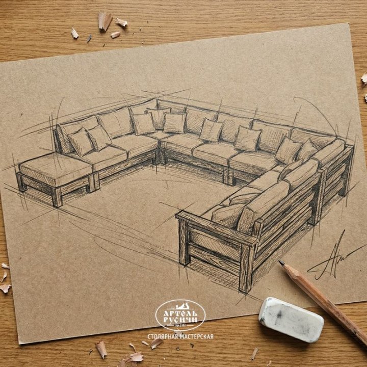 Эскиз П-образного дивана с подушками, рисунок простым карандашом