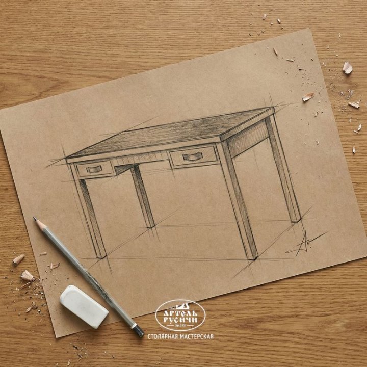 Эскиз письменного стола в стиле лофт, рисунок простым карандашом