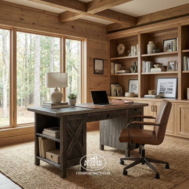 Письменный стол из массива сосны в интерьере загородного дома