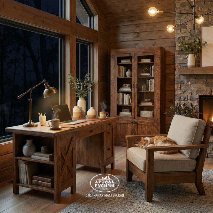 Письменный стол из дерева в интерьере кабинета