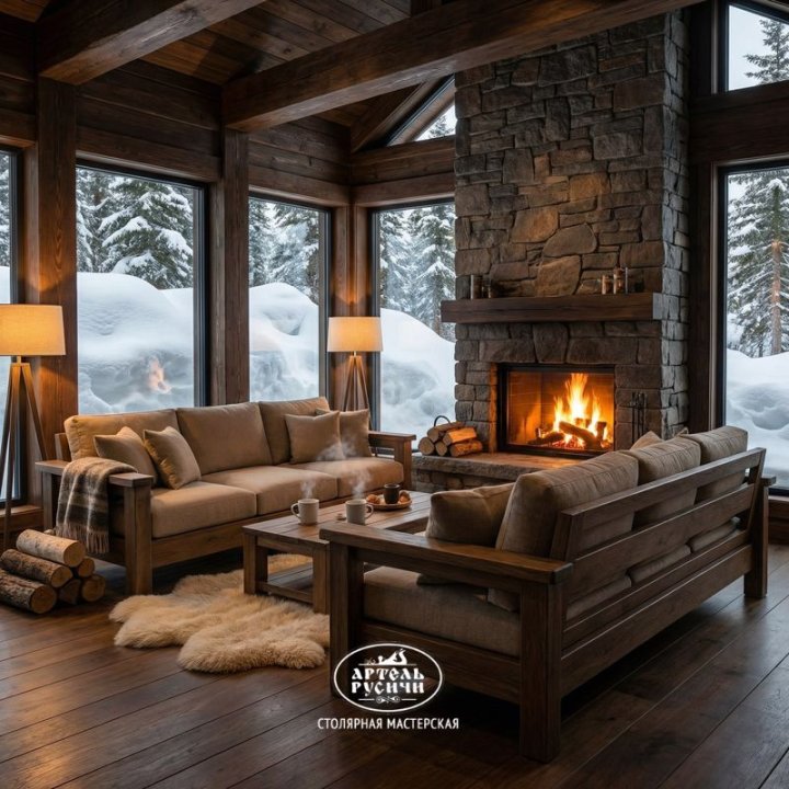 Прямы диваны из массива дуба с мягкими подушками в интерьере