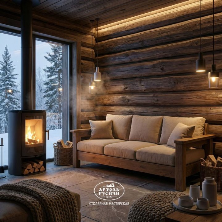 Прямой диван из массива дуба с мягкими подушками в интерьере комнаты отдыха в бане