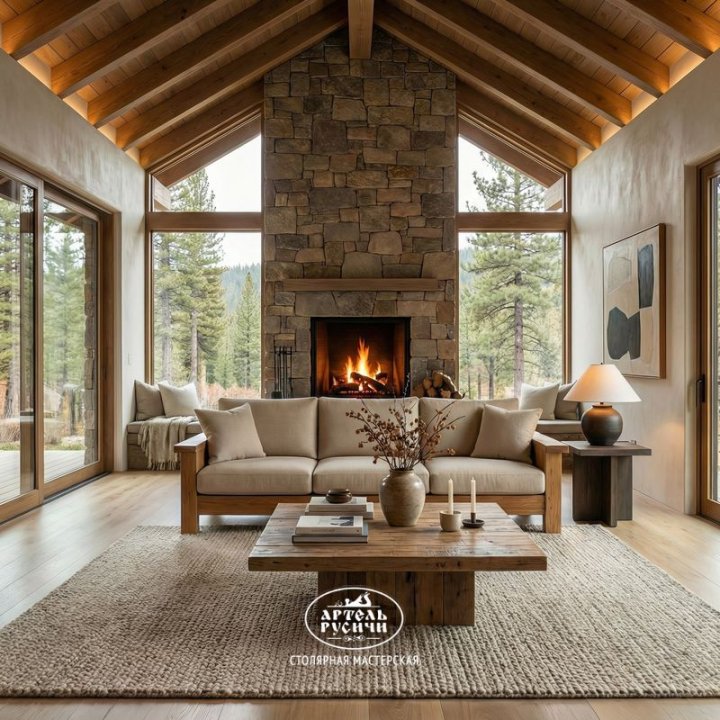 Прямой диван из массива дуба с подушками в интерьере гостиной