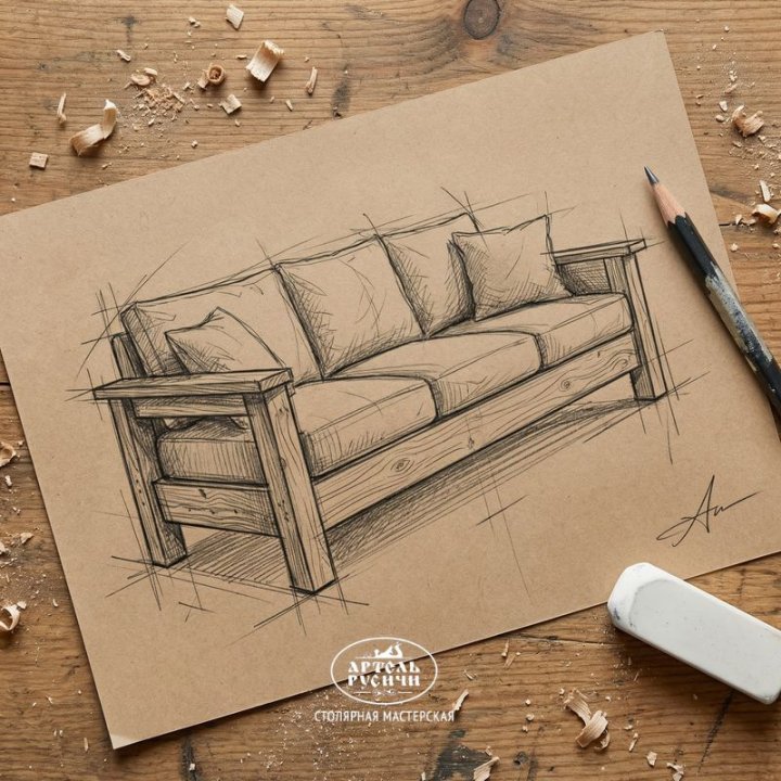 Эскиз прямого дивана из массива дуба с подушками, рисунок простым карандашом