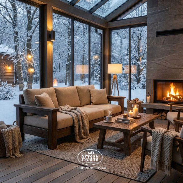 Диван из массива сосны с мягкими подушками в интерьере застекленной террасы