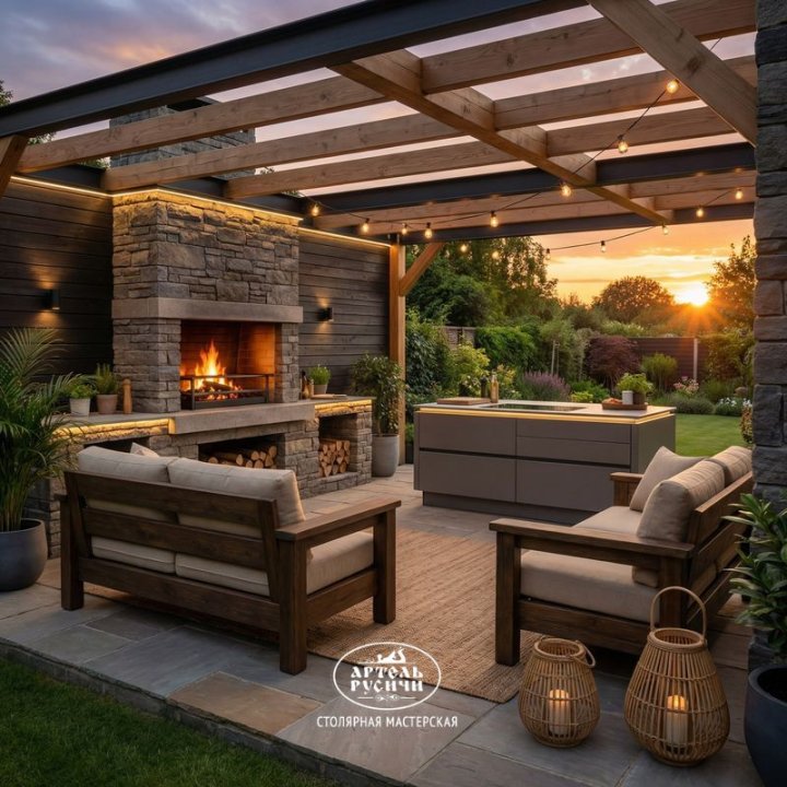 Прямой диван из массива сосны с мягкими подушками в зоне барбекю