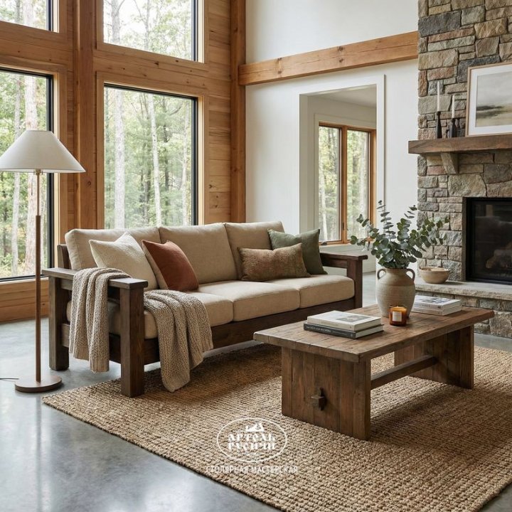 Прямой диван из массива дерева в интерьере гостиной