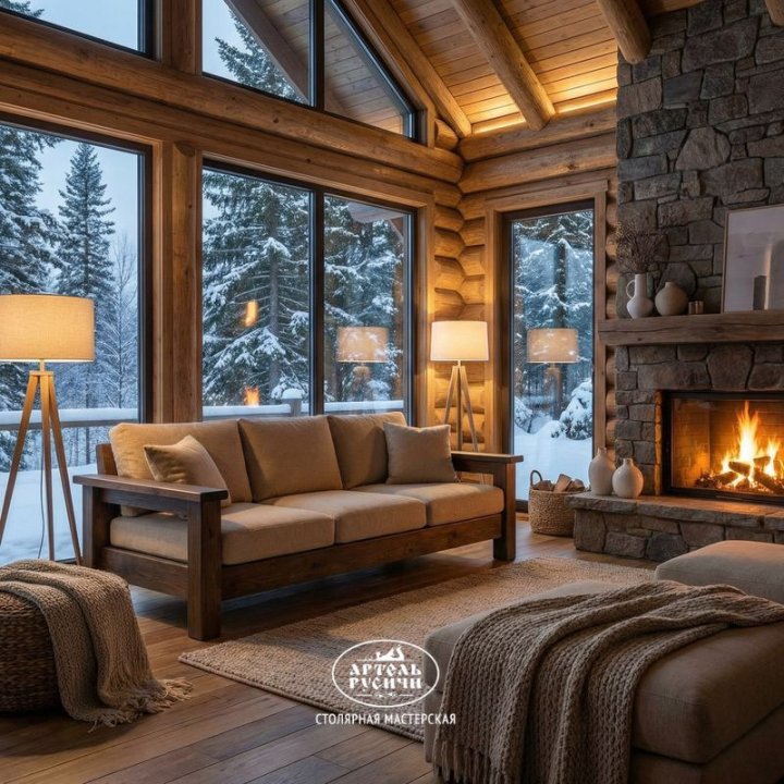 Диван из массива дерева с мягкими подушками в интерьере загородного дома